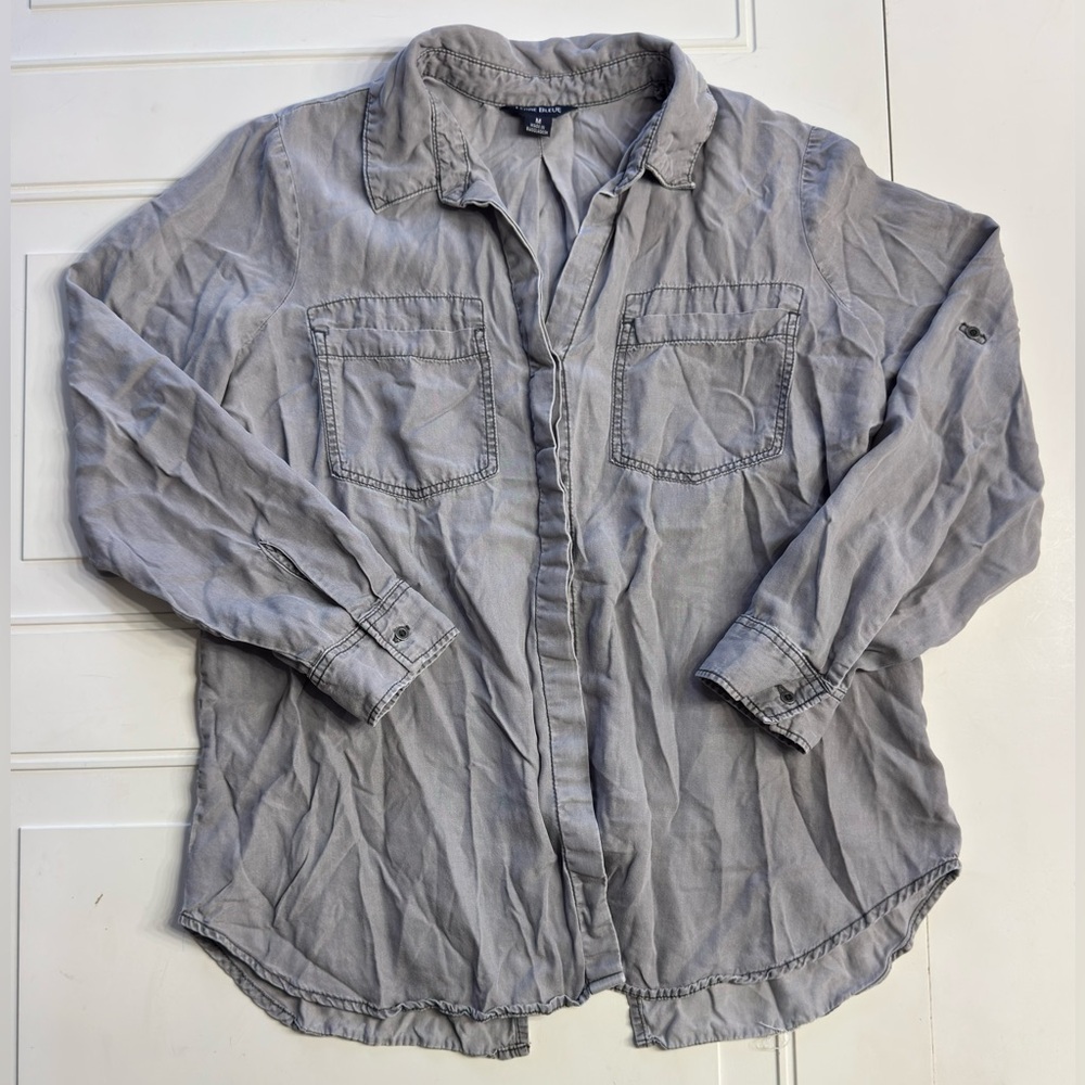 Terre Bleue Women’s Sz M Lyocell Gray Button Up Blouse Shirt Business Casual